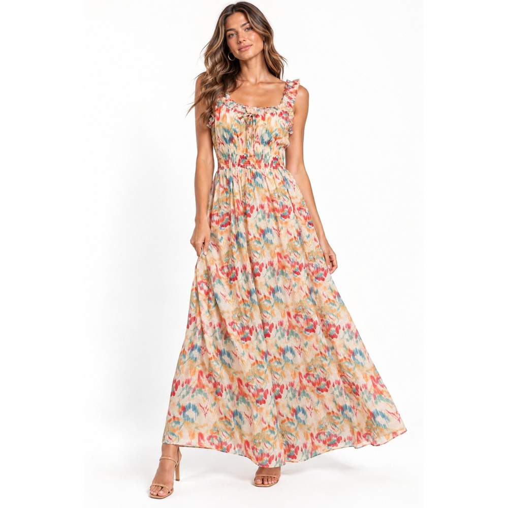 Lucy Paris Daisy Dress Orange Multi Ikat Smocked Maxi Ruffle Small NWT